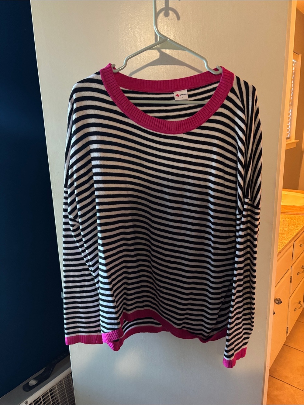 Black & White Striped Scoop Neck Sweater with Pink Trim